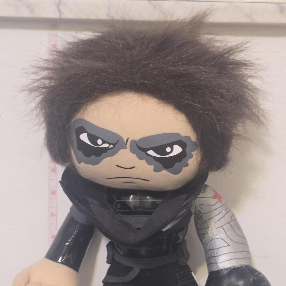 Winter Soldier plush doll with gray eye makeup and black hair #marvel #winter